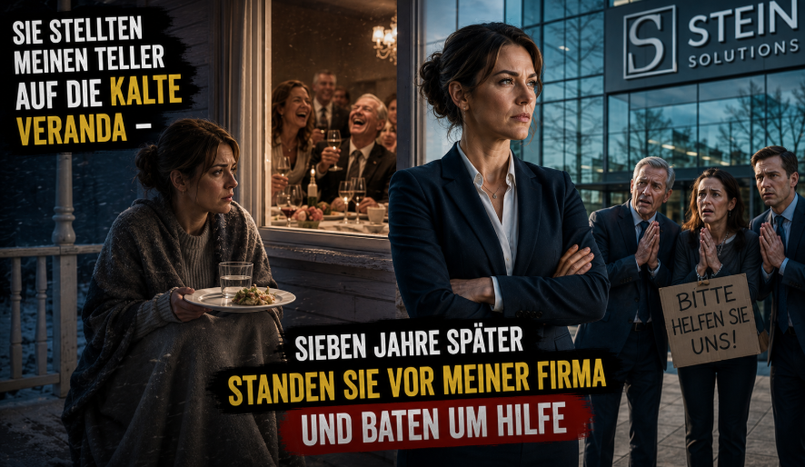 „Sie stellten meinen Teller auf die kalte Veranda – sieben Jahre später standen sie vor meiner Firma und baten um Hilfe“