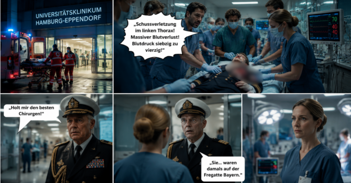 „Holt mir den besten Chirurgen!“, befahl der Admiral – doch als die Oberschwester den Schockraum betrat, wurde er blass. „Sie... waren damals auf der Fregatte Bayern.“