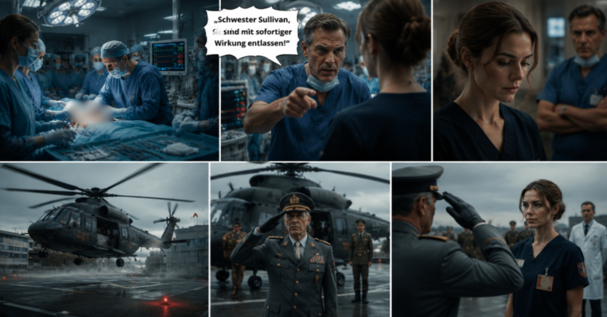 „Schwester Sullivan, Sie sind mit sofortiger Wirkung entlassen!“, schrie der Chefarzt im OP. Zehn Minuten später landete ein Militärhubschrauber auf dem Dach des Krankenhauses – und ein Vier-Sterne-General salutierte vor derselben Frau.