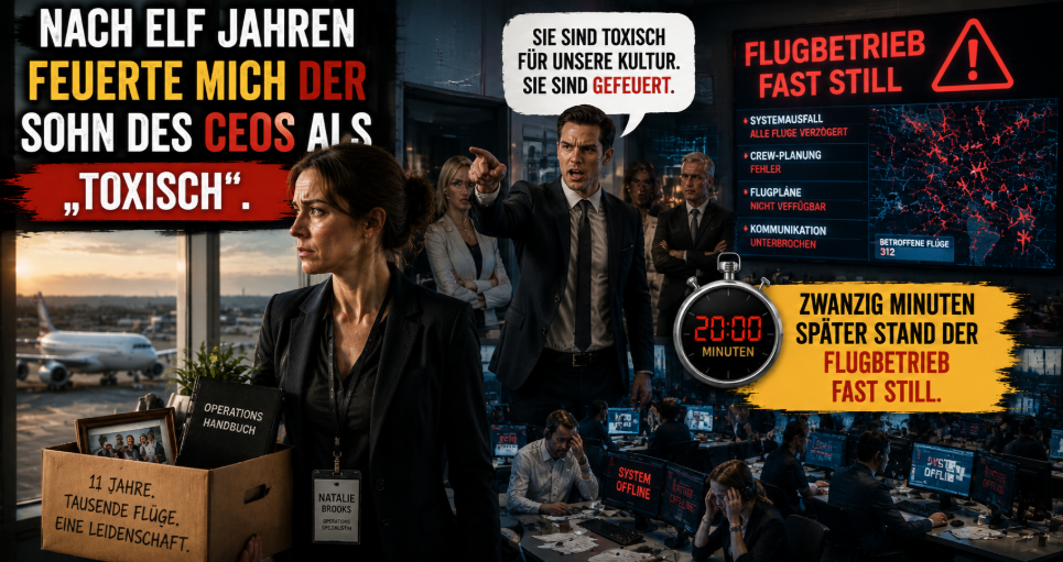 NACH ELF JAHREN FEUERTE MICH DER SOHN DES CEOs ALS „TOXISCH“. ZWANZIG MINUTEN SPÄTER STAND DER FLUGBETRIEB FAST STILL.