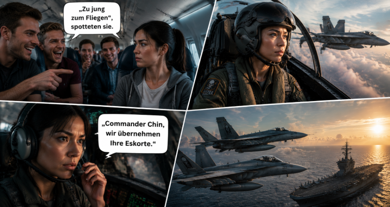„Zu jung zum Fliegen“, spotteten sie. Wenige Minuten später meldeten sich zwei F-18-Piloten über Funk mit den Worten: „Commander Chin, wir übernehmen Ihre Eskorte.“